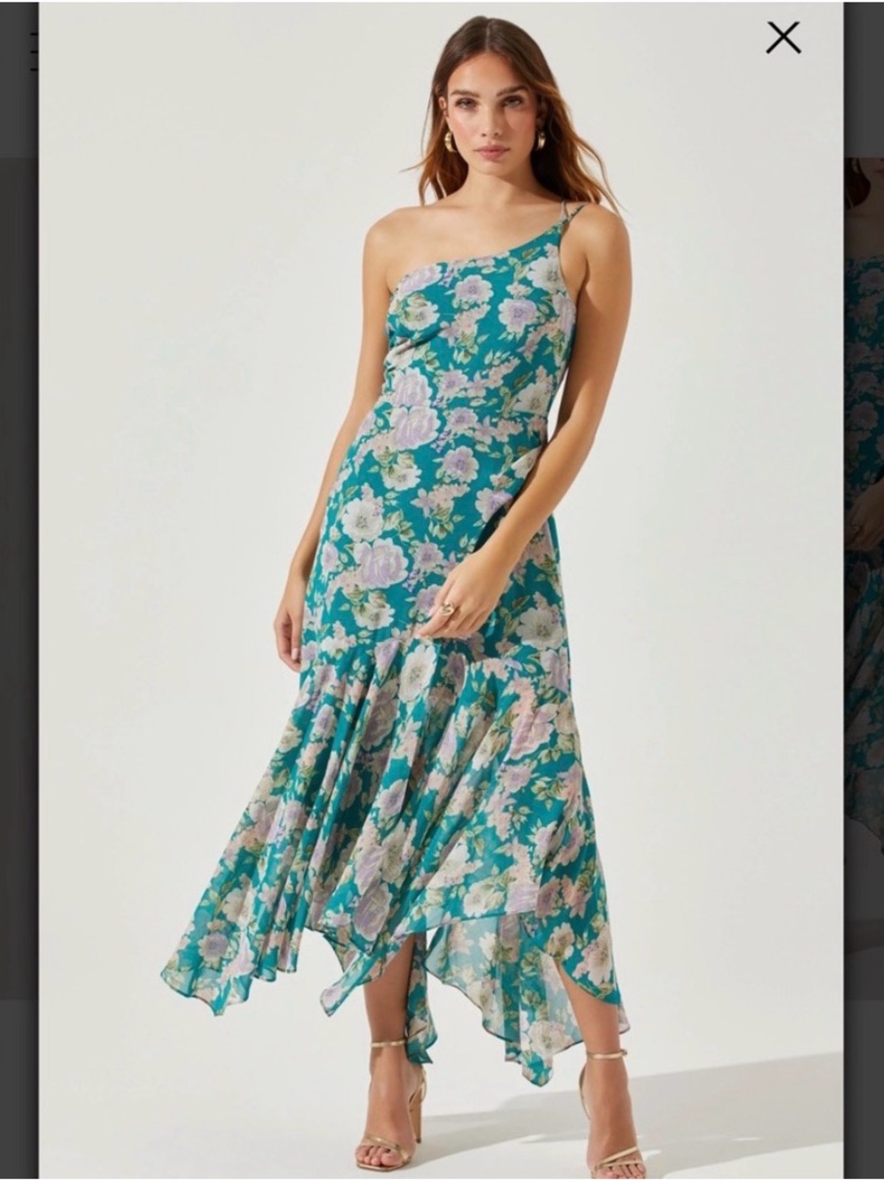 ASTR The LABEL "Emmy Lou" Purple/White/Green One Shoulder Floral Midi Dress, M